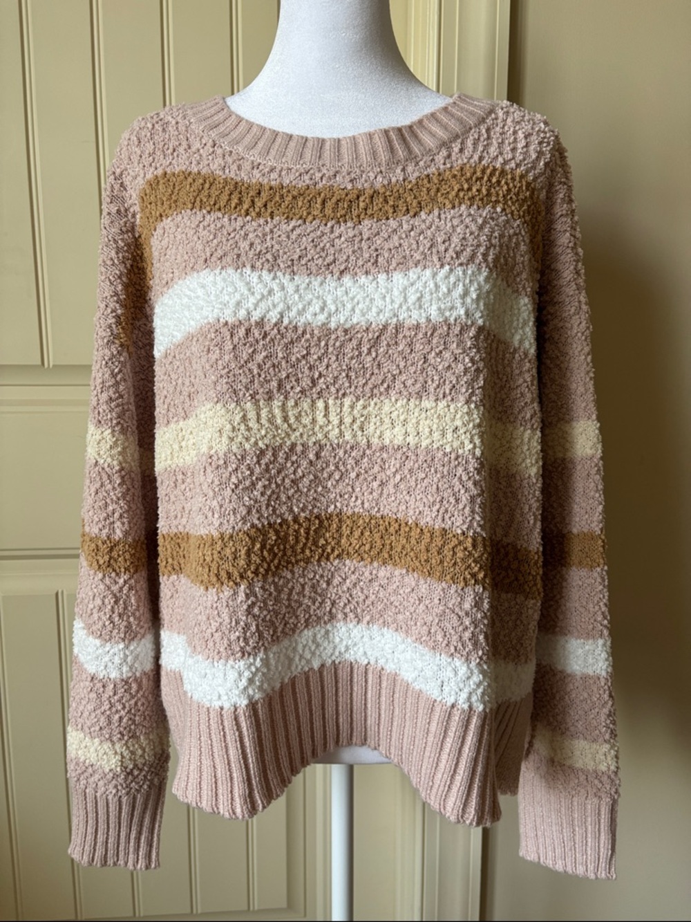I.N. San Francisco Striped Crewneck Sweater in Blush, Cream, Tan, & White